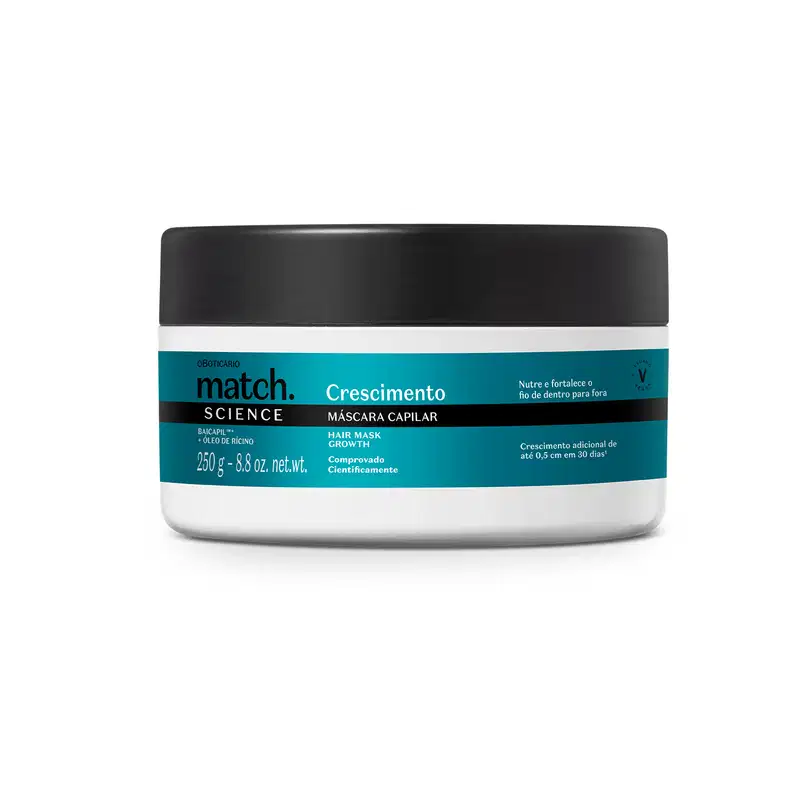 Pote branco com tampa preta e rótulo nas cores azul metalizado, preto e branco, contendo 250g de máscara capilar Match Science Crescimento.