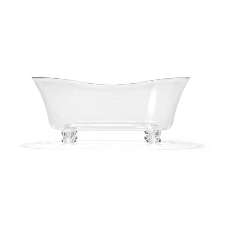 Banheira em acrílico branco em formato oval alongado com bordas arredondadas. Base retangular transparente com quatro pés arredondados. Superfície lisa e brilhante. Design minimalista e elegante, adequado para ambientes de spa e banheiros luxuosos.