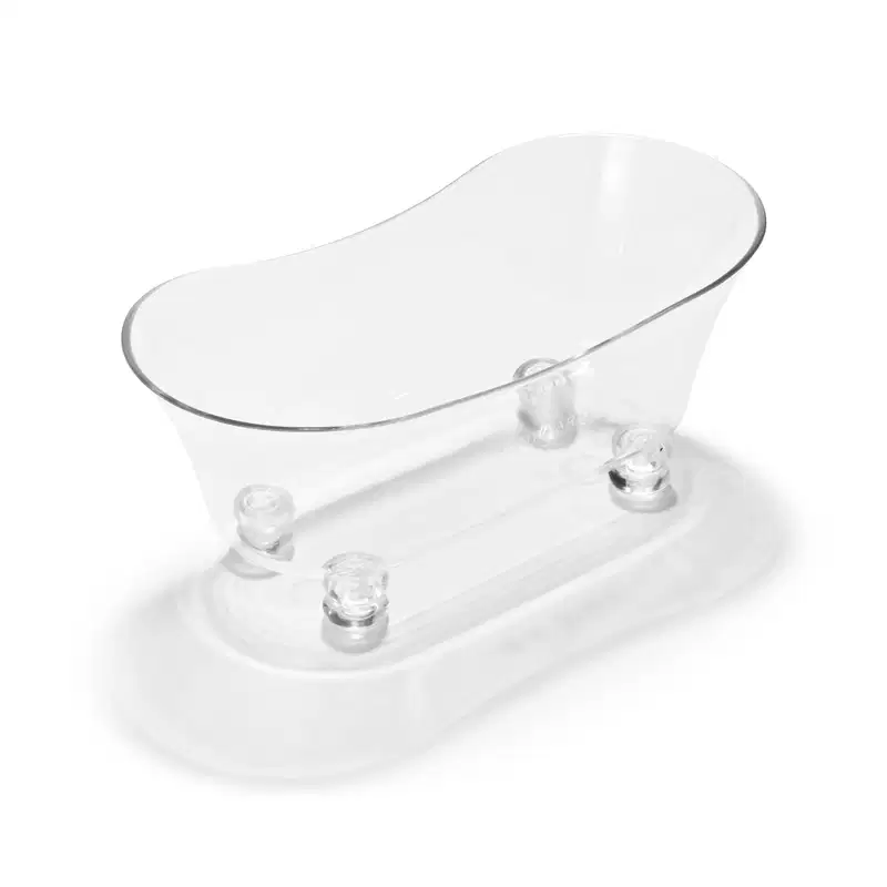 Banheira em acrílico branco em formato oval alongado com bordas arredondadas. Base retangular transparente com quatro pés arredondados. Superfície lisa e brilhante. Design minimalista e elegante, adequado para ambientes de spa e banheiros luxuosos.