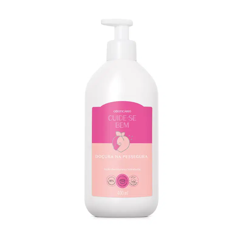 O produto apresentado é um frasco de 400 ml de um produto de cuidados pessoais da marca Cuide-se bem. O frasco é branco com um rótulo rosa destacando o nome "Doçura na Pessegura" e o texto "Loção desodorante hidratante".