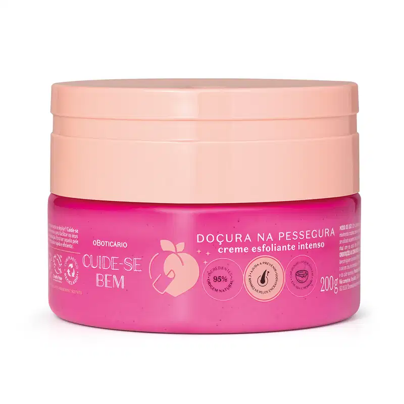 Pote pink com tampa rosa de creme esfoliante intenso da linha Cuide-se Bem Doçura na Pessegura, contendo 200g do produto. O rótulo destaca que o creme possui 95% de ingredientes de origem natural.