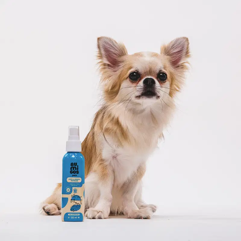 Frasco em tons de azul e rosa com tampa spray branca e letras pretas contendo 120ml de limpa e hidrata patinhas da marca Au.Migos. Ao lado da embalagem está um cachorrinho e o fundo é cinza claro.