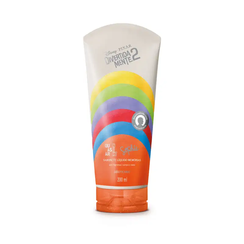 Sabonete líquido corporal Memórias Sophie Quasar Next Divertida Mente 2 o Boticário. Embalagem de 200ml na cor laranja com arco-íris colorido de faixas amarela, verde, roxa, vermelha, azul e laranja.