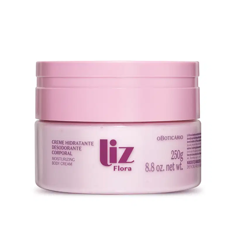 Pote rosa claro com tampa rosa e letras vinho contendo 250g de creme hidratante corporal Liz Flora.