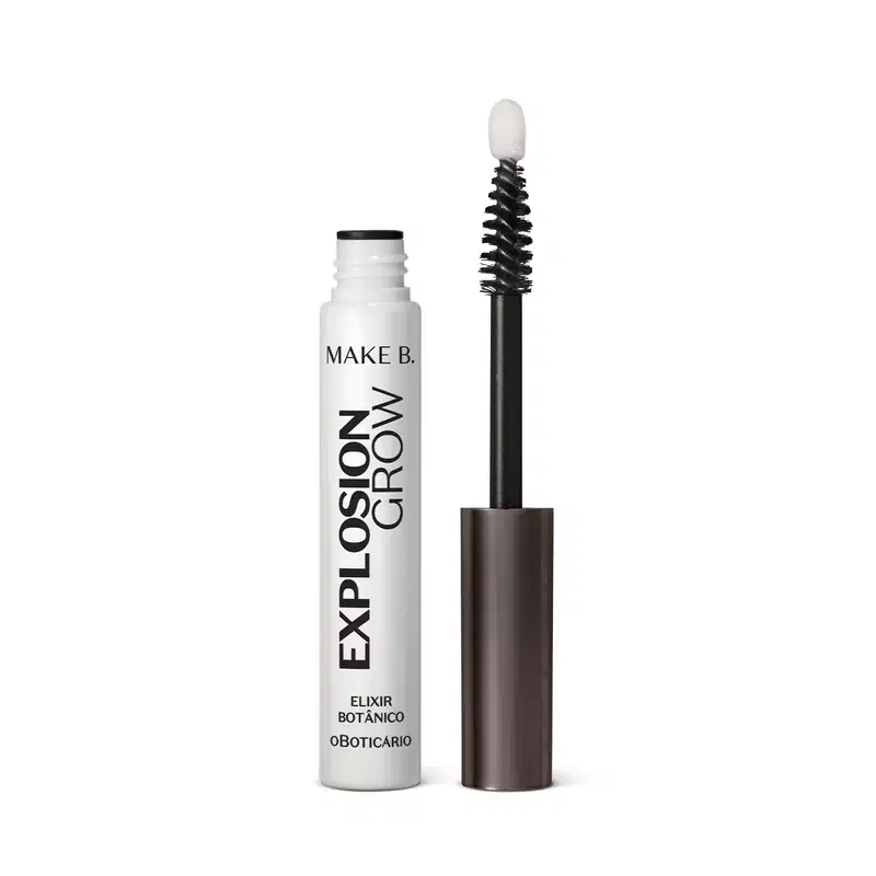 Frasco branco com tampa, haste, aplicador e letras, tudo na cor preta, contendo 5g de sérum para cílios e sobrancelhas Explosion Grow da marca Make B.