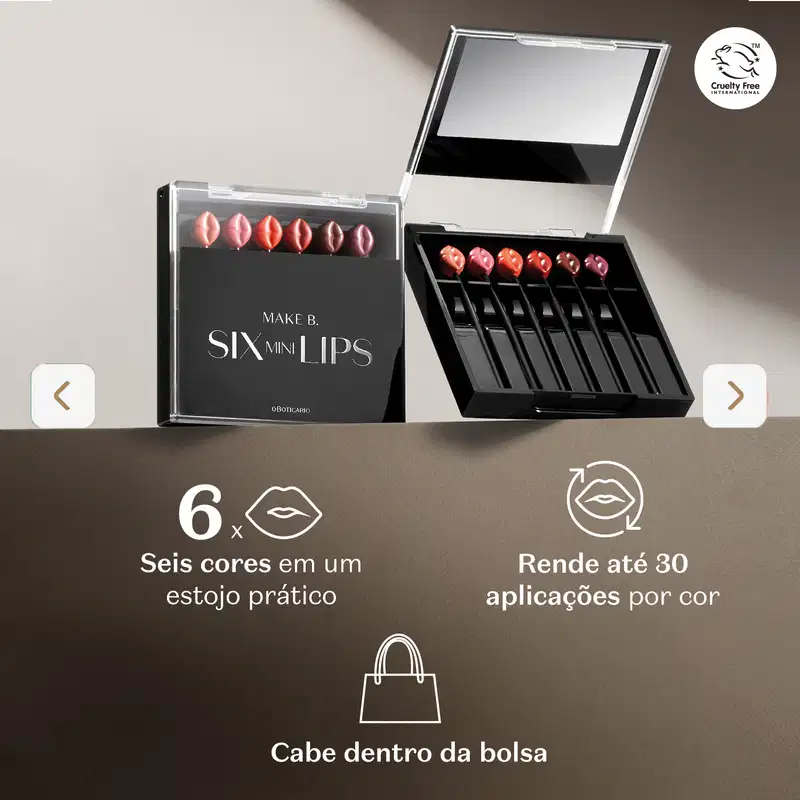 Duas embalagens pretas do estojo de mini batons Six Mini Lips Make B. em fundo cinza. Abaixo, letras brancas apresentam os benefícios do produto.