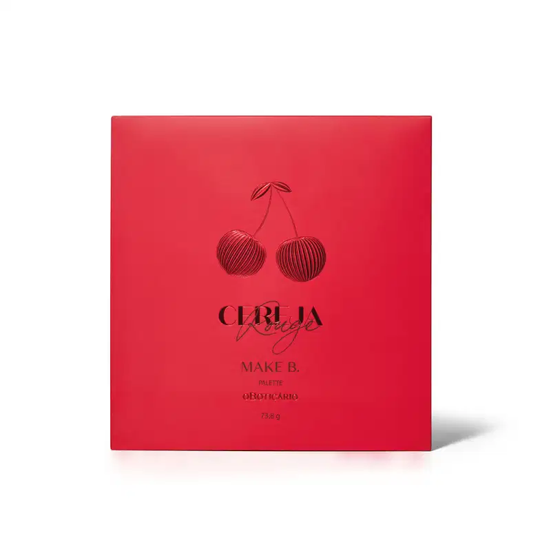 Estojo fechado da Paleta de maquiagem multifuncional Make B. Cereja Rouge em tom de rosa com cerejas ilustradas.