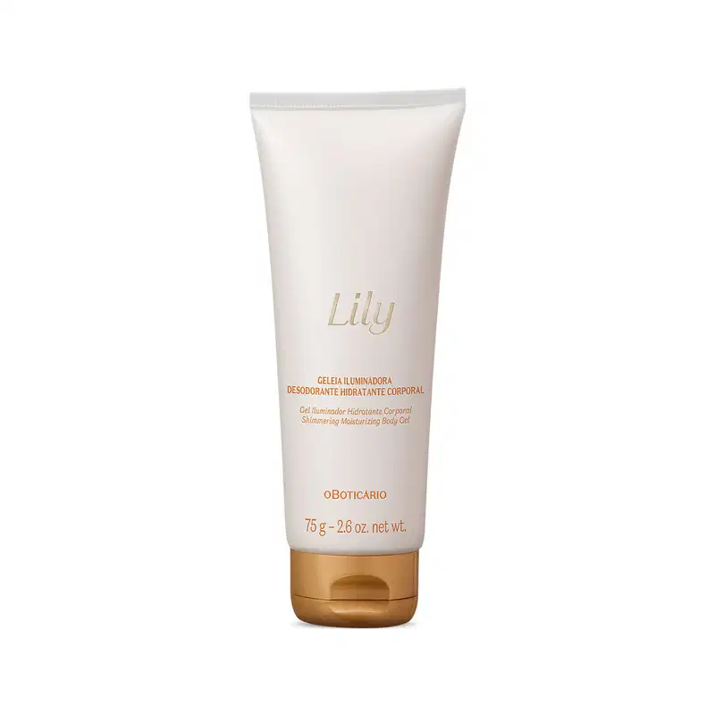 Frasco branco com letras e tampa em dourado contendo 75g de geleia iluminadora hidratante corporal da marca Lily.