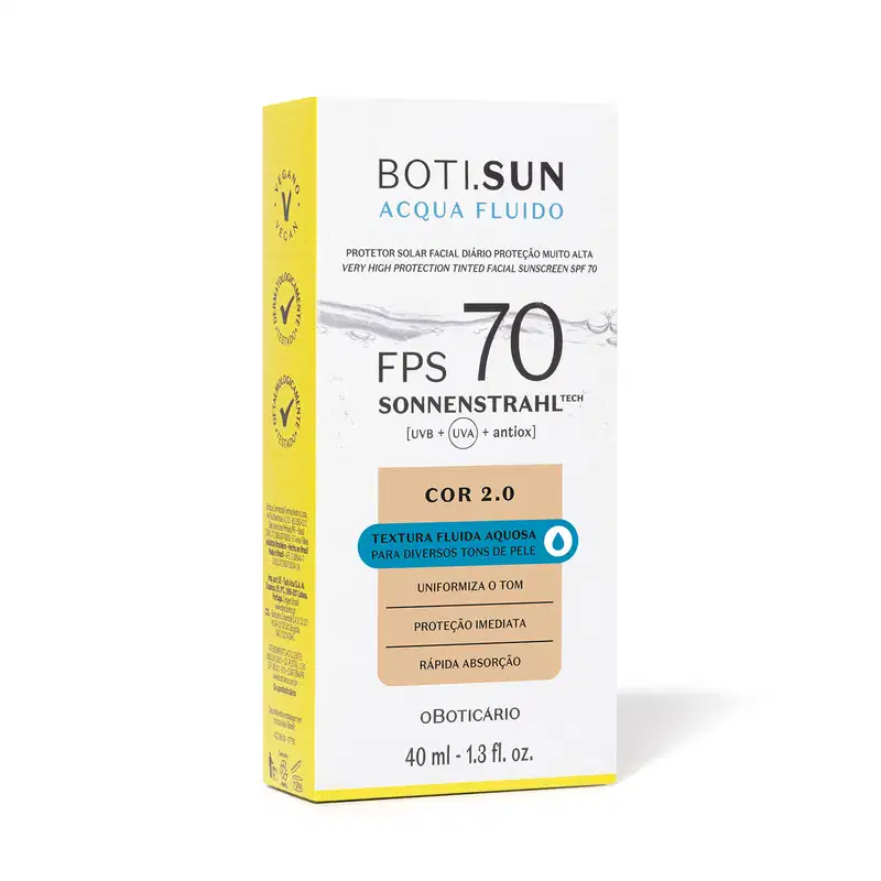 Caixa branca e amarela com detalhes em marrom e azul e letras pretas contendo um protetor solar facial com cor 7.0 FPS 70 Boti.Sun.
