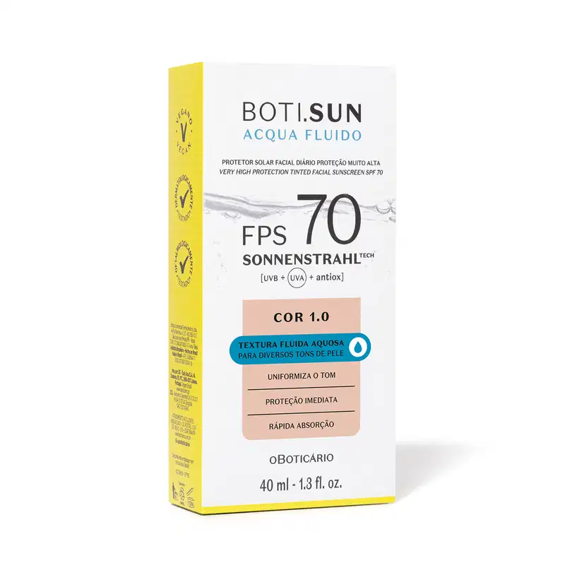 Caixa branca e amarela com detalhes em marrom e azul e letras pretas contendo um protetor solar facial com cor 7.0 FPS 70 Boti.Sun.