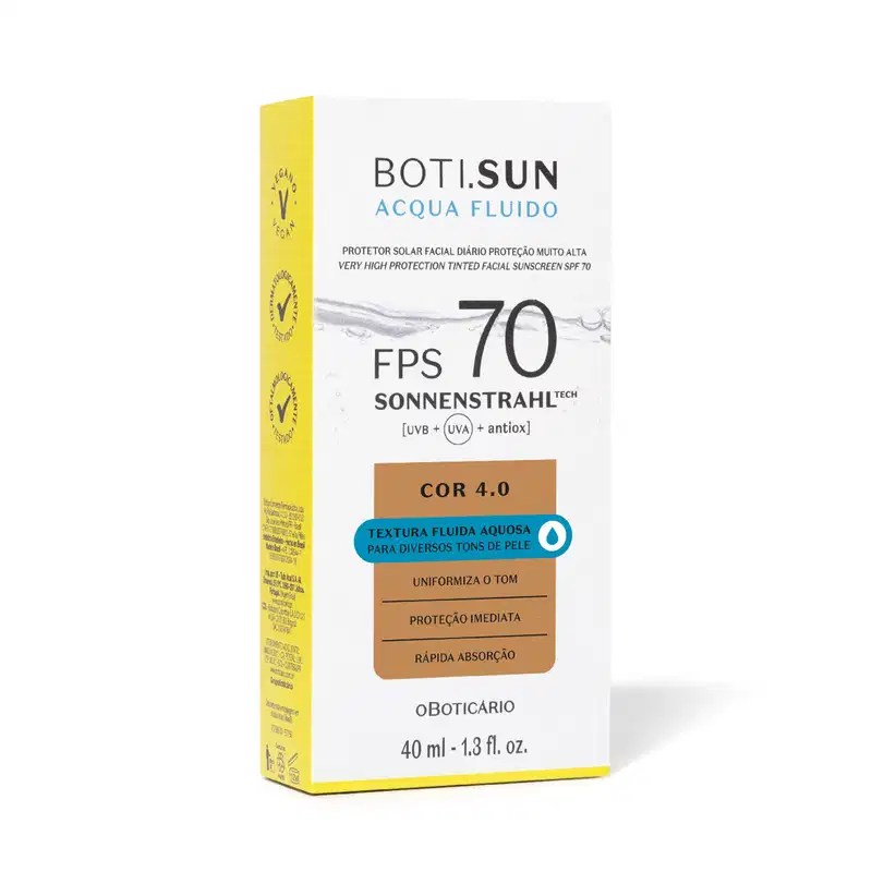 Caixa branca e amarela com detalhes em marrom e azul e letras pretas contendo um protetor solar facial com cor 7.0 FPS 70 Boti.Sun.