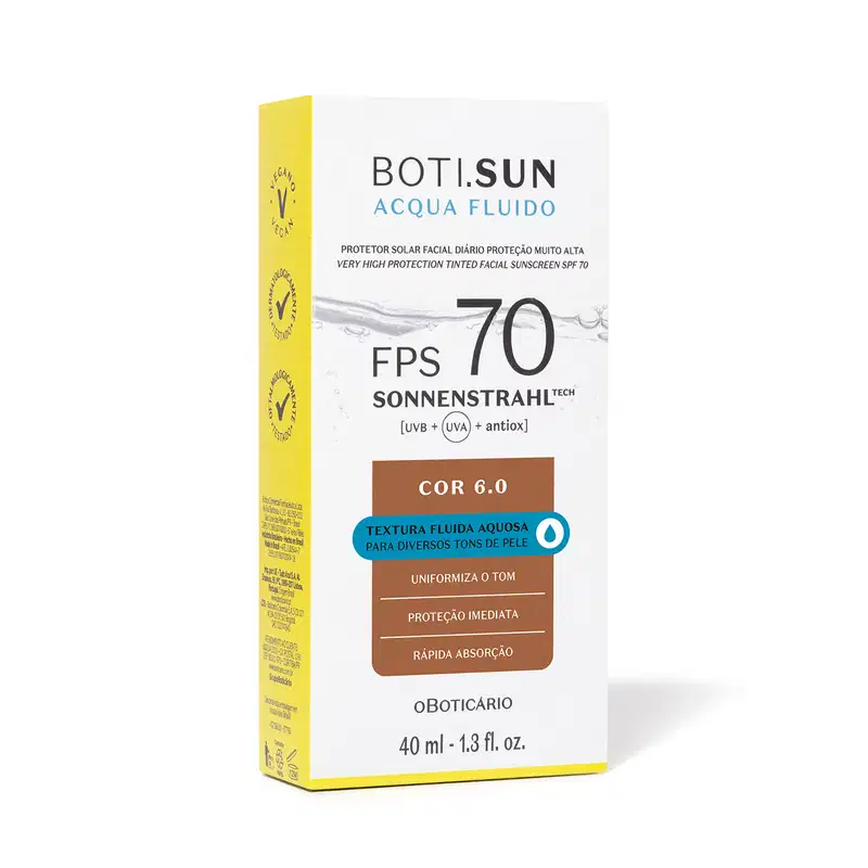 Caixa branca e amarela com detalhes em marrom e azul e letras pretas contendo um protetor solar facial com cor 7.0 FPS 70 Boti.Sun.