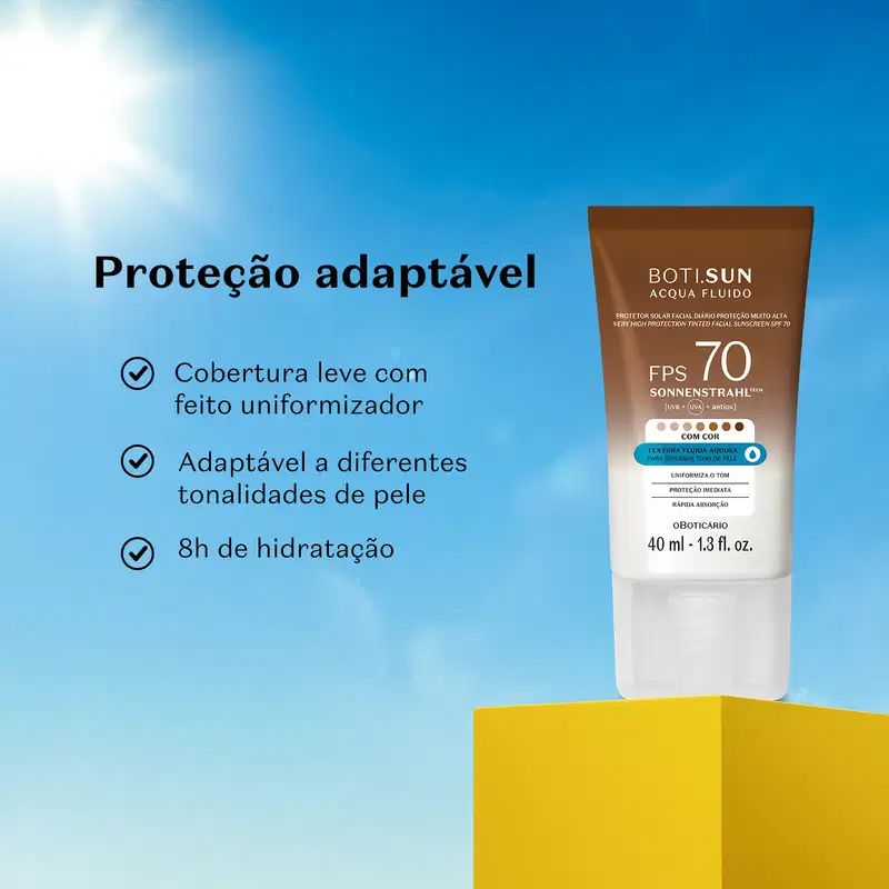 Embalagem de protetor solar Boti Sun FPS 70 em primeiro plano, com céu azul, luz solar ao fundo e letras pretas informando os benefícios do produto.