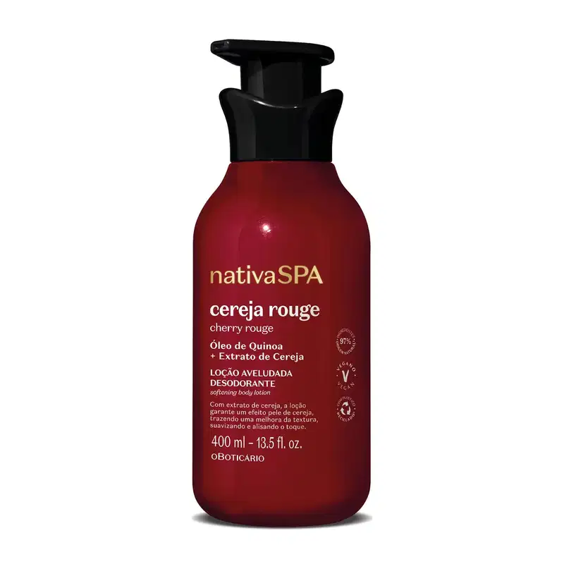 Frasco vermelho escuro com tampa dosadora preta e letras douradas e brancas contendo 400ml de loção aveludada corporal da marca Nativa SPA Cereja Rouge.