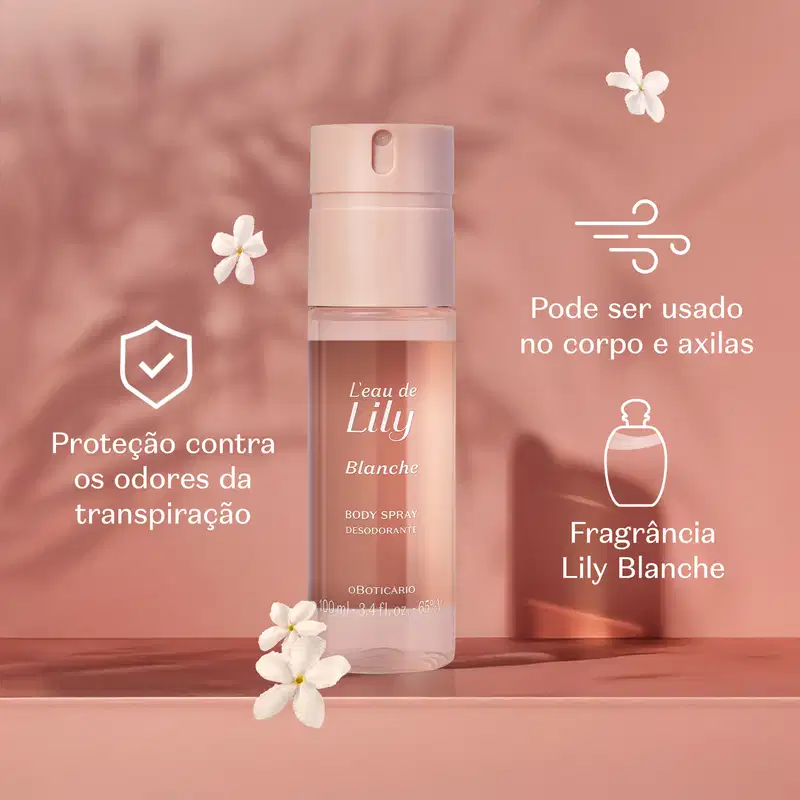 Frasco em tons de rosa de body spray L'eau de Lily em cenário rosa com sombras de folhagens e texto em branco informando os benefícios do produto.