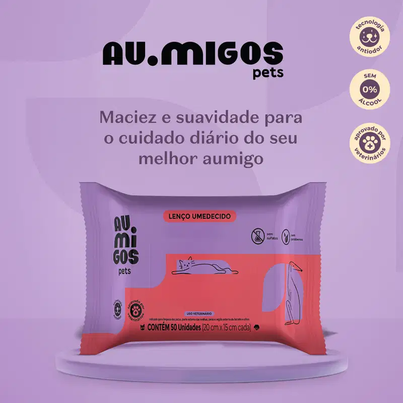 Este é um pacote de lenços umedecidos para cuidados de animais de estimação da marca Au.migos pets. O texto principal destaca que os lenços são macios e suaves para o cuidado diário do melhor aumigo.