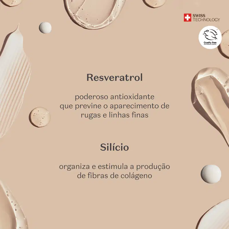 Texto descrevendo os ingredientes e benefícios do Resveratrol e do Silício. Traz cores neutras e texturas de gel e creme espalhadas em fundo rosa.