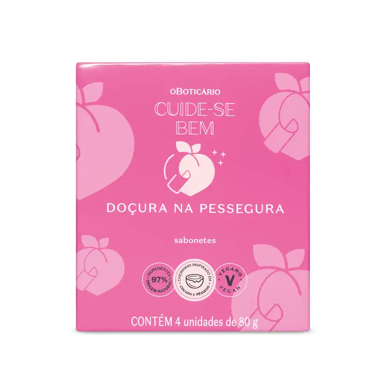 Caixa pink com ilustrações de pêssego em rosa claro contendo Sabonetes Em Barra Cuide-se Bem Doçura na Pessegura 4x80g, da marca Cuide-se Bem Pessegura de o Boticário.