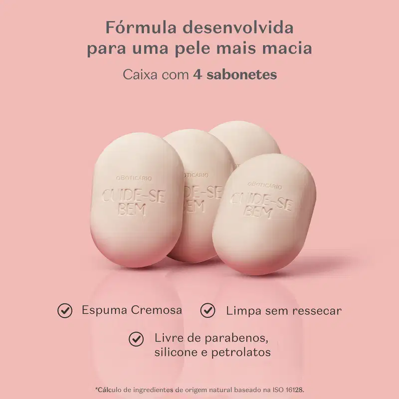 4 barras de sabonete da marca Cuide-se bem Pessegura em formato oval e texto em relevo "Cuide-se bem" sobre fundo rosa com texto em cinza que diz "fórmula desenvolvida para uma pele mais macia", "Espuma cremosa", "Limpa sem ressecar" e "Livre de parabenos
