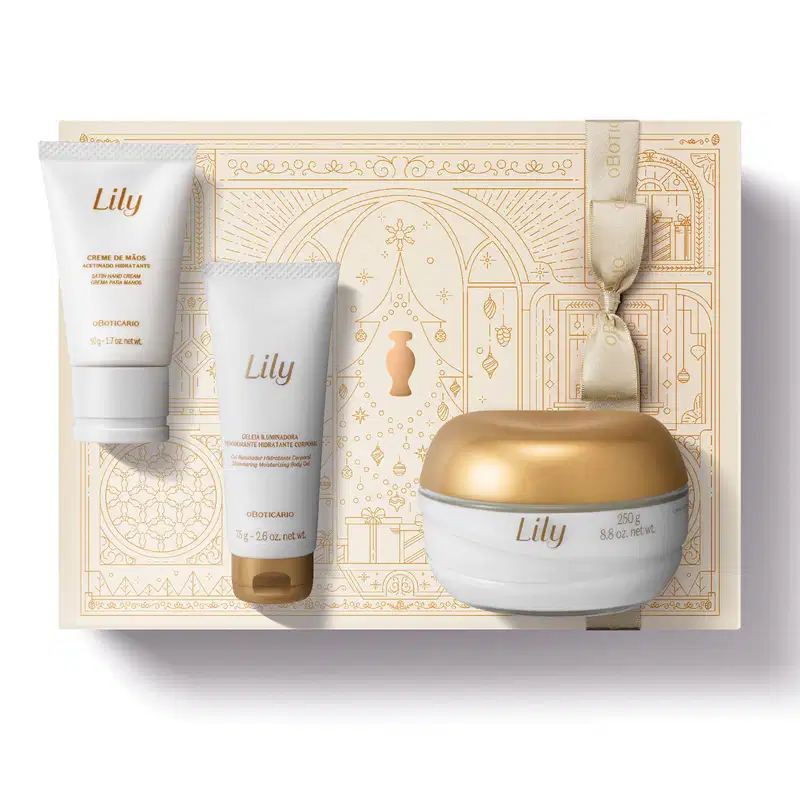 Caixa de presente bege com detalhes dourados e três itens da marca Lily em embalagens na cor branca e dourada, incluindo creme de mãos acetinado, geleia iluminadora corporal e creme acetinado corporal.