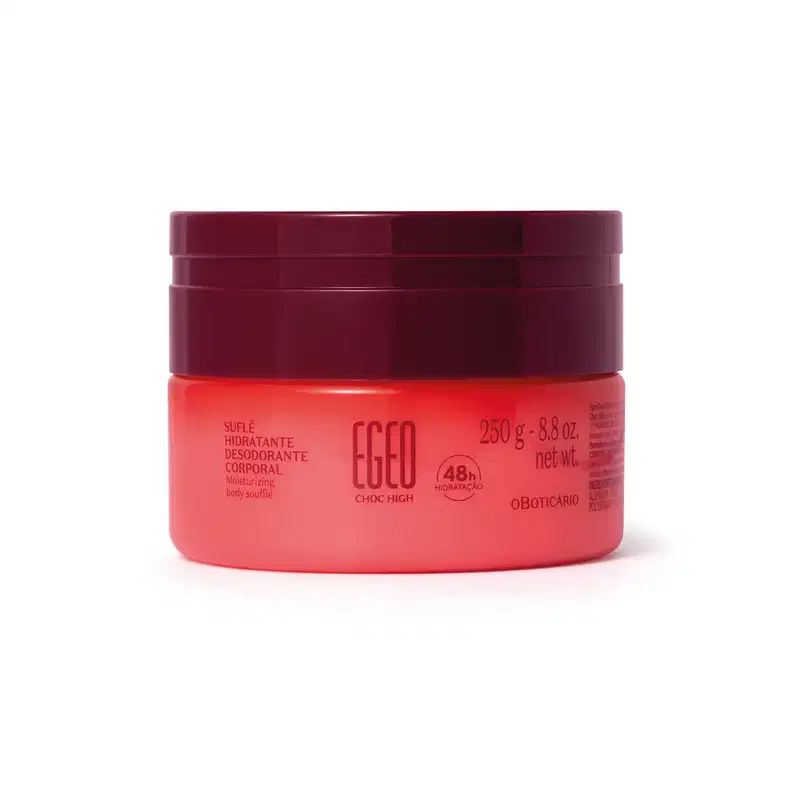 Pote de tampa vinho e embalagem rosa de Suflê Hidratante Desodorante Corporal da linha Egeo Choc High.