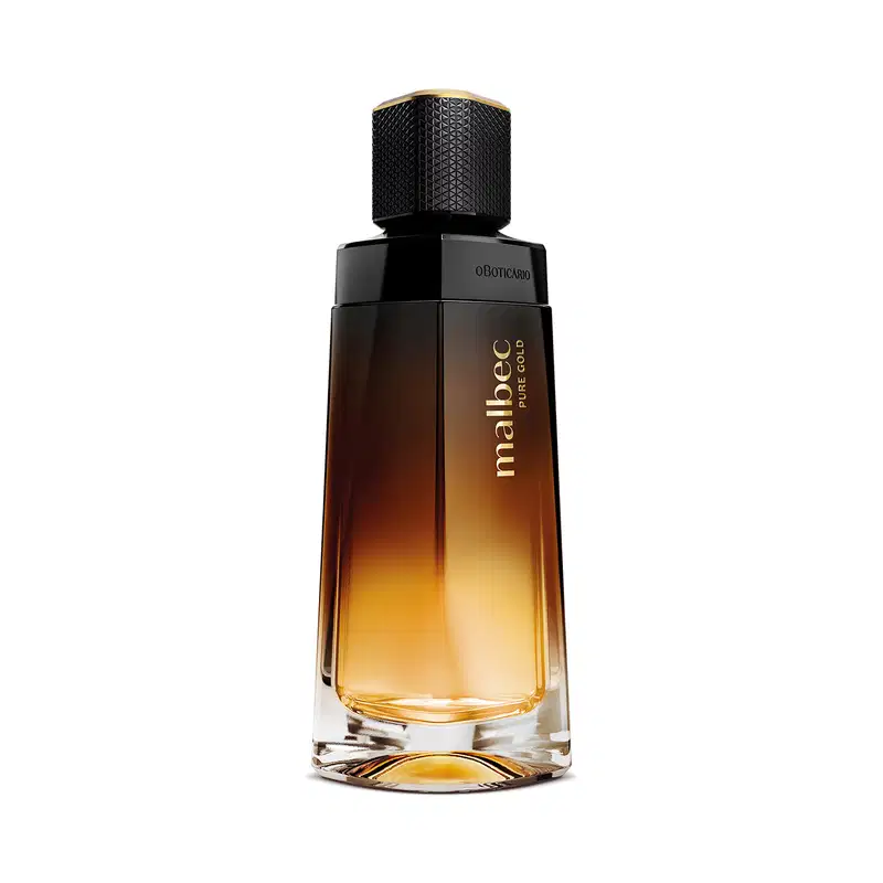 Imagem de frasco de desodorante colônia da marca Malbec Pure Gold em tons degradê de marrom a dourado, com formato geométrico e tampa preta, A embalagem traz rótulo dourado e 100 ml da fragrância.