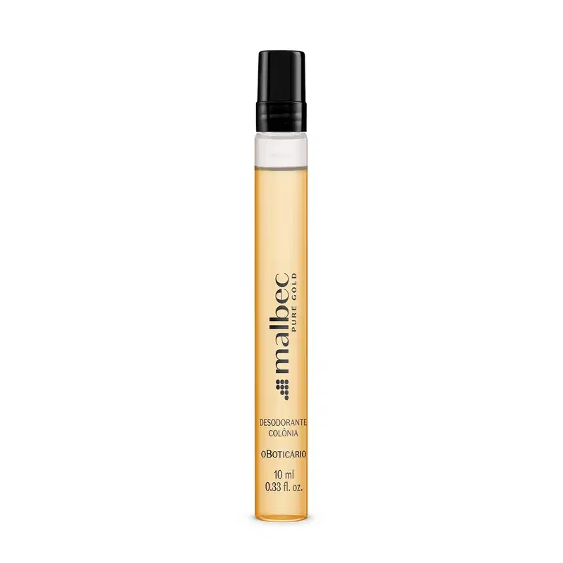 Frasco transparente com tampa preta contendo líquido âmbar de Malbec Pure Gold Desodorante Colônia em versão compacta de 10ml.