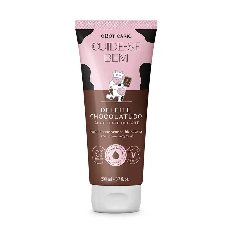 Frasco de loção hidratante corporal da marca Cuide-se Bem Deleite Chocolatudo, com bisnaga rosa e marrom, apresentando ilustração de vaca no rótulo.