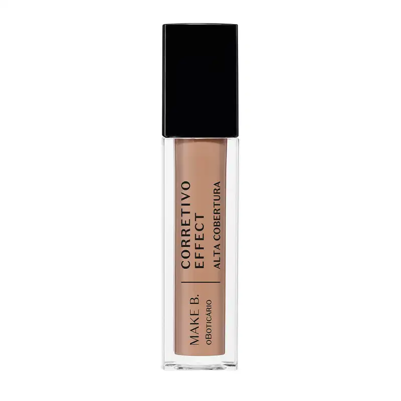 O produto de beleza é um corretivo líquido da marca Make B., em embalagem preta com rótulo branco, contendo a descrição "Corretivo Effect Alta Cobertura". O frasco é transparente, permitindo visualizar a tonalidade bege do produto.