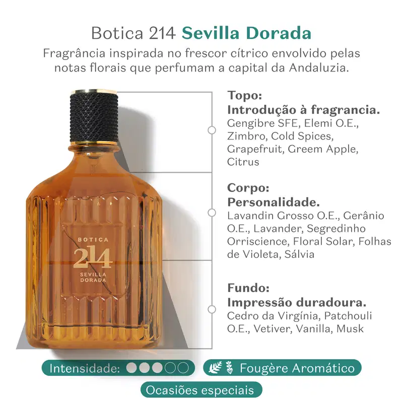 Frasco de Eau de Parfum Fougére Aromático Botica 214 Sevilla Dorada em fundo branco com texto explicando as notas olfativas da fragrância.