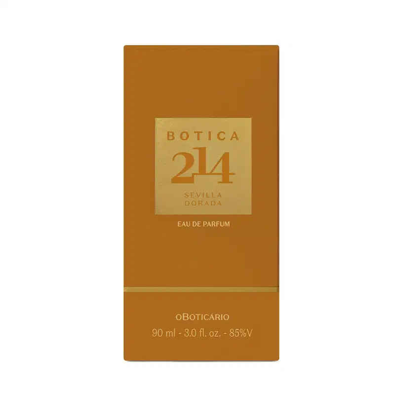 Caixa retangular de cor laranja e rótulo em letras douradas contendo um Eau de Parfum Fougére Aromático Botica 214 Sevilla Dorada.