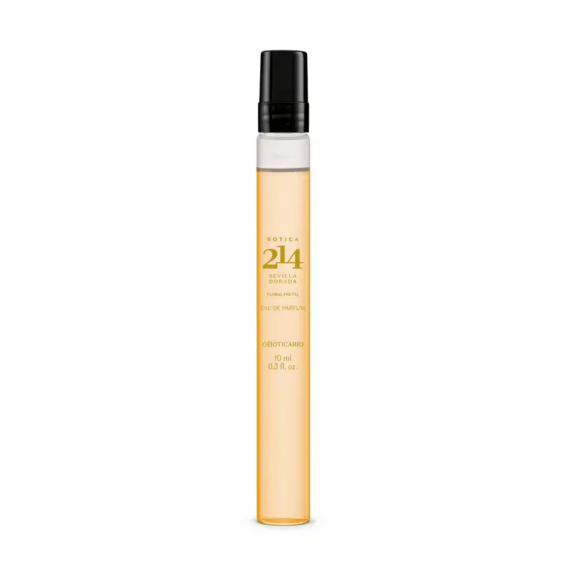 Vidro transparente cilíndrico com tampa preta e líquido rosado contendo 10ml de Eau De Parfum Botica 214 Sevilla Dorada Floral Frutal.