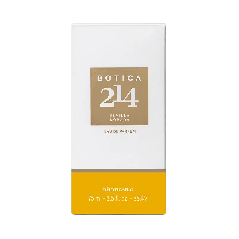 Caixa branca de Eau de Parfum Floral Frutal Botica 214 Sevilla Dorada com rótulo retangular em tom bege e texto em branco e fundo com detalhe na cor laranja.