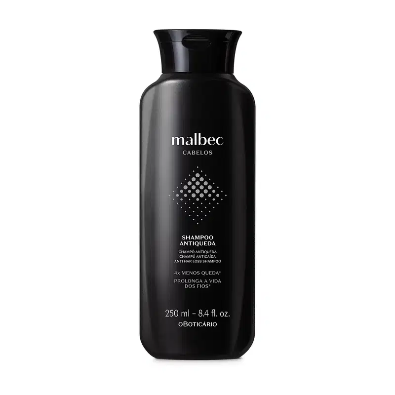 Frasco preto com letras brancas e detalhes cinza contendo 250ml de shampoo antiqueda Malbec Cabelos.