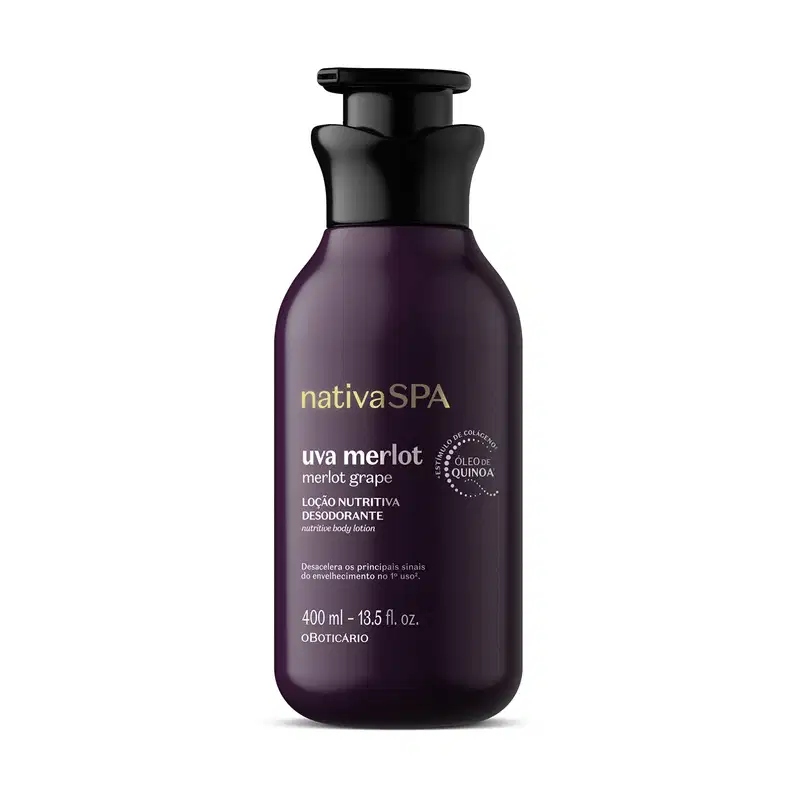 Frasco roxo escuro com tampa preta e letras douradas e brancas contendo 400ml de loção nutritiva hidratante corporal da marca Nativa SPA Uva Merlot.