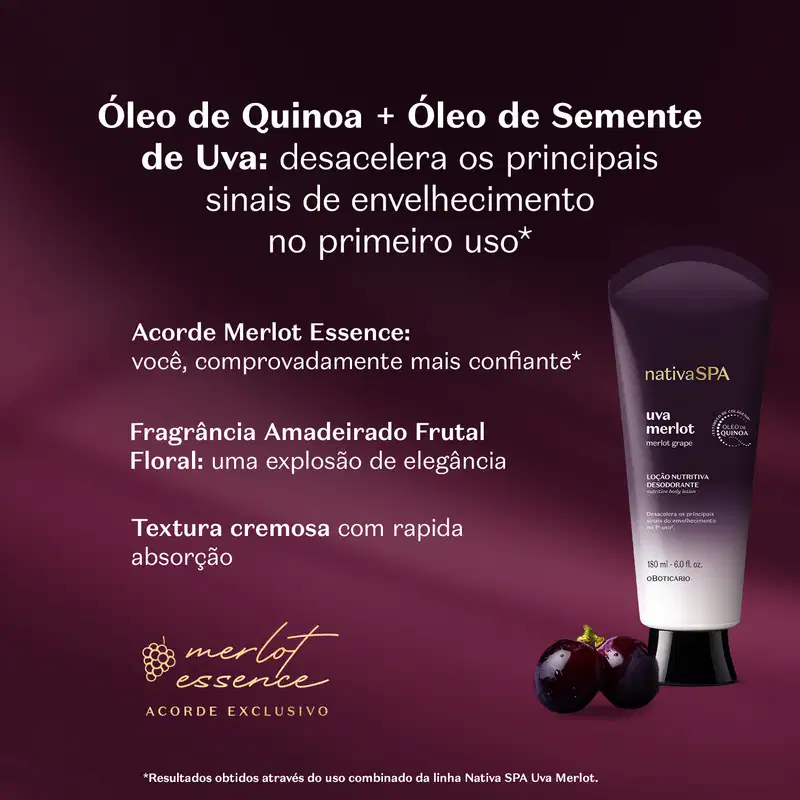Embalagem de loção hidratante corporal da marca Nativa SPA Uva Merlot em ambiente escuro, com uvas merlot ao redor e texto em letras brancas destacando a fragrância do produto.