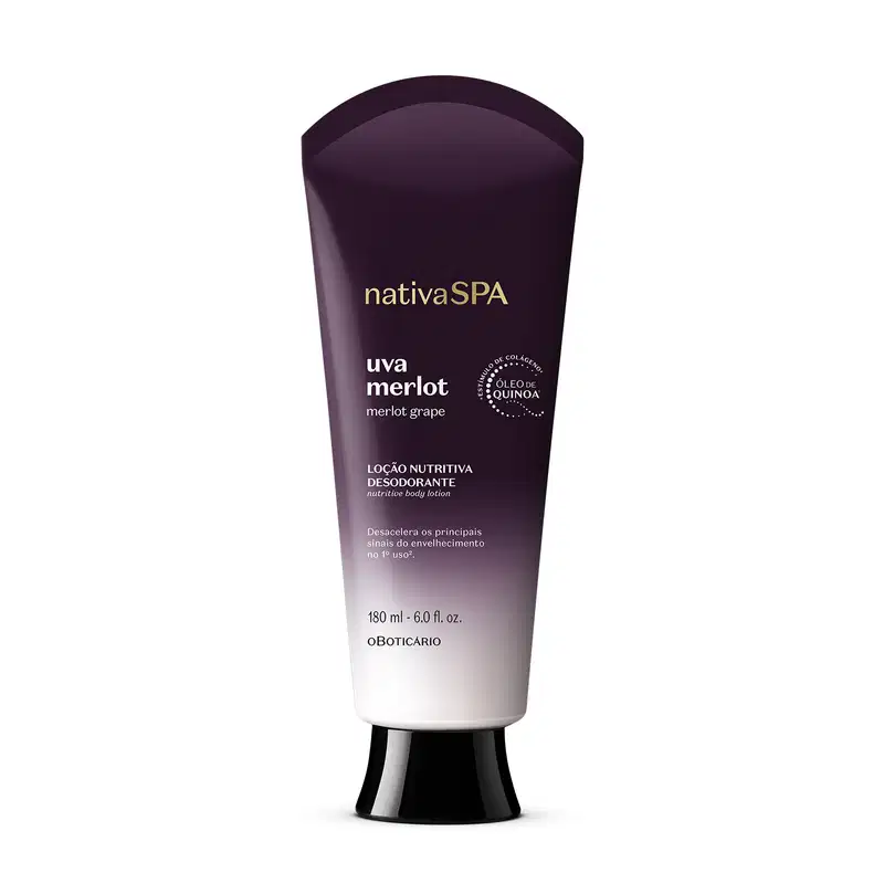 Frasco de loção corporal nutritiva desodorante da marca Nativa SPA Uva Merlot, em embalagem de 180ml com degradê de roxo e branco, tampa preta e letras douradas e brancas.