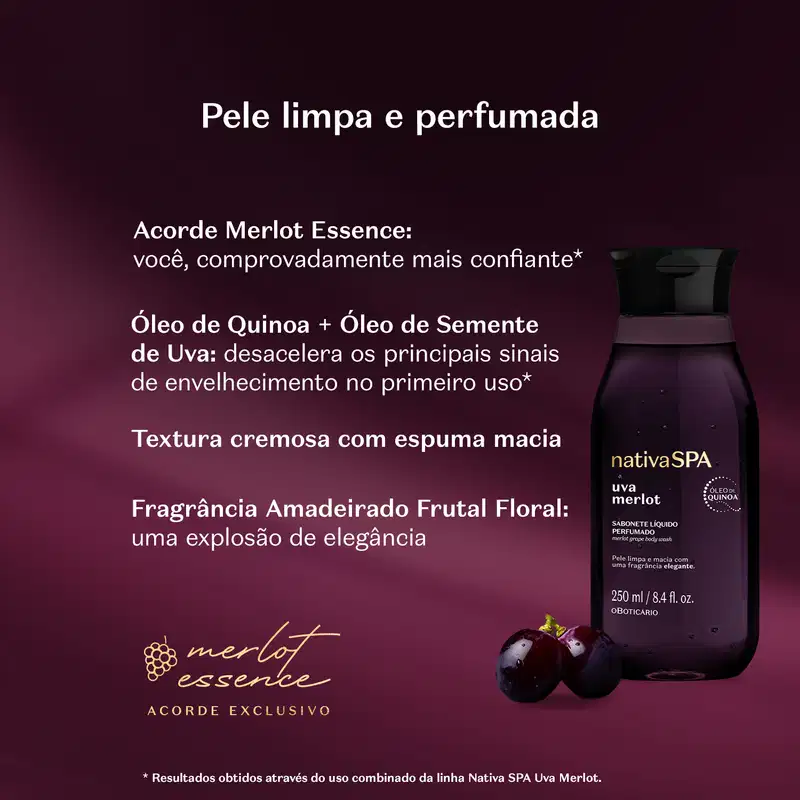 Embalagem roxa com tampa preta de sabonete líquido da marca Nativa SPA Uva Merlot, com frasco e rótulo destacados em fundo escuro, cercada por uvas roxas e texto em letras brancas informando a fragrância do produto.