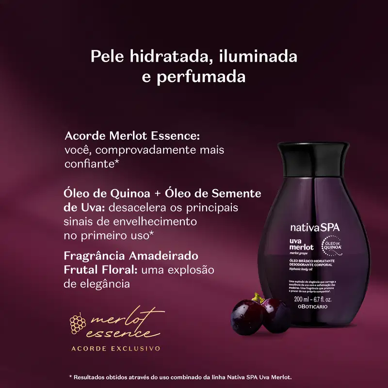 Embalagem roxa escura com tampa preta e letras brancas e douradas de óleo hidratante corporal Nativa SPA Uva Merlot em ambiente com fundo escuro e iluminação suave. Há uvas merlot ao redor e texto em letras brancas destacando a fragrância do produto.