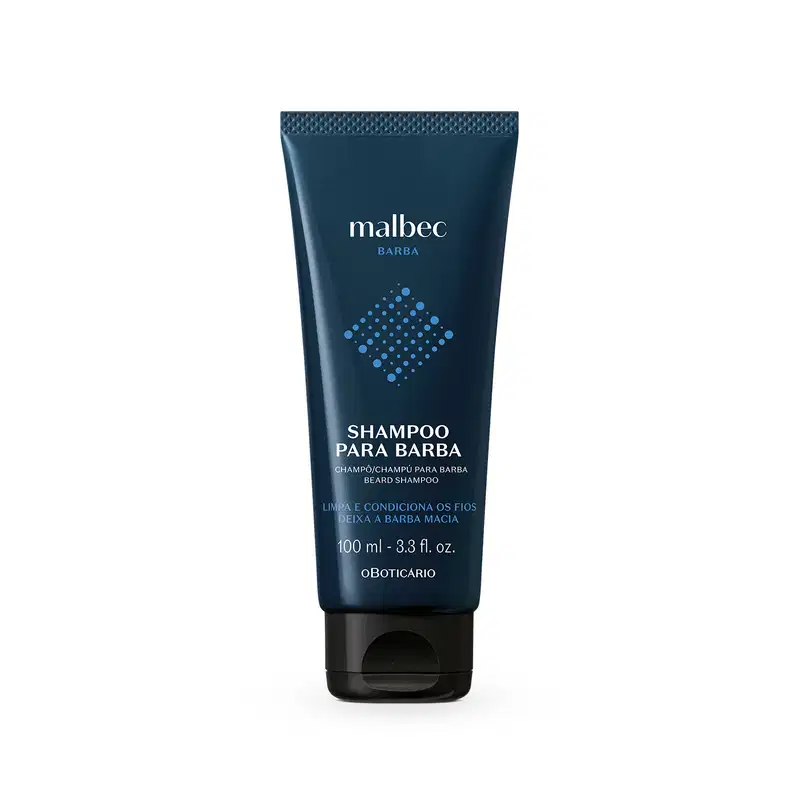 Bisnaga azul escura com letras brancas e detalhes em outro tom de azul contendo 100ml de shampoo para barba Malbec Barba.