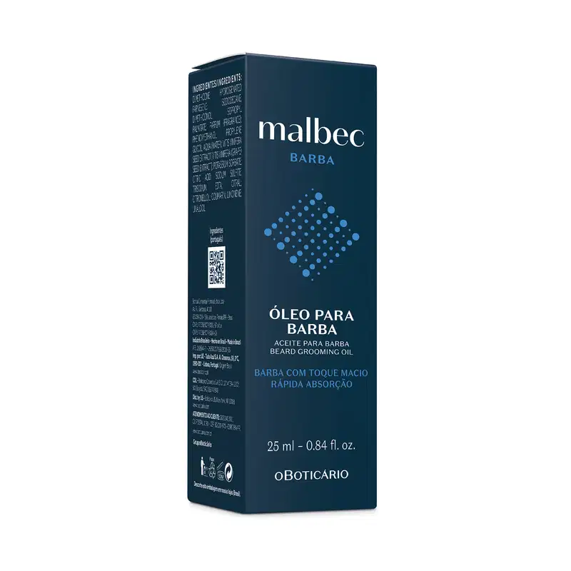Caixa azul escura com letras brancas e detalhes azuis contendo um frasco de óleo para barba da marca Malbec Barba.