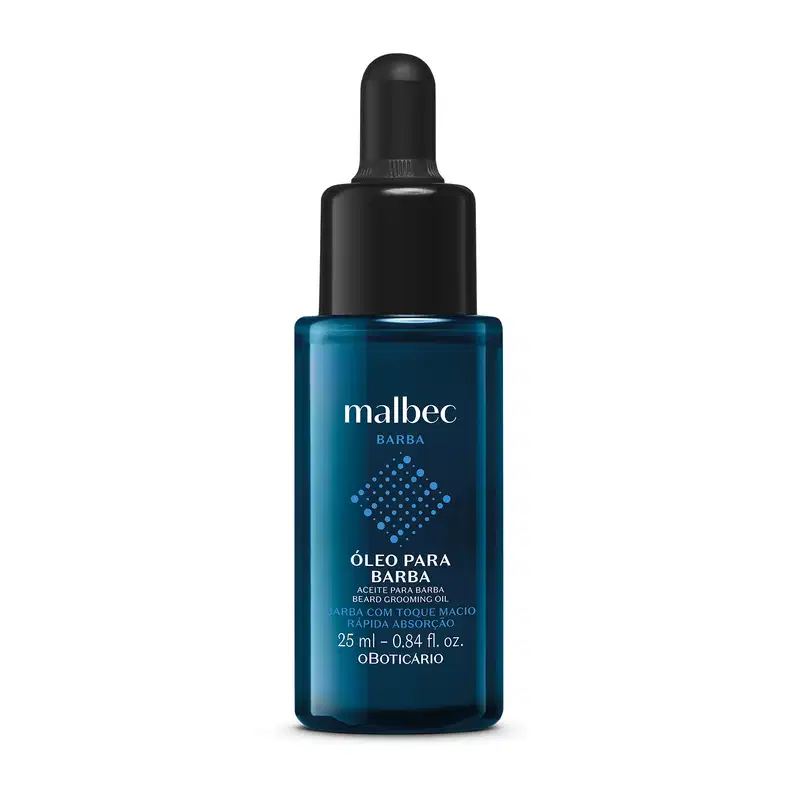 Frasco azul escuro com letras brancas, detalhes azuis e tampa preta contendo 25ml de óleo para barba da marca Malbec Barba.