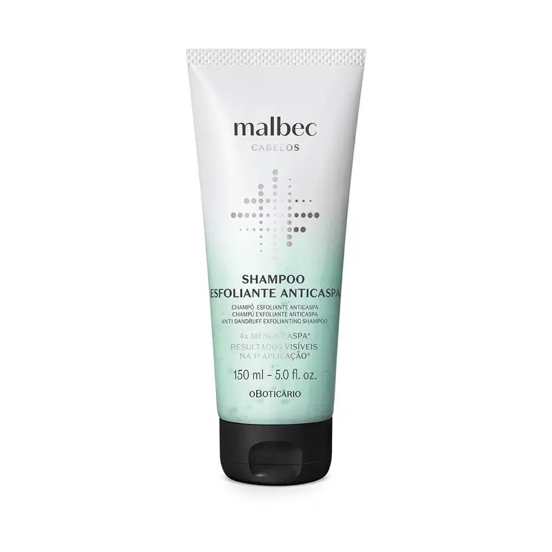 Um frasco verde claro com tampa e letras na cor verde escuro contendo 150ml de shampoo esfoliante anticaspa Malbec Cabelos.