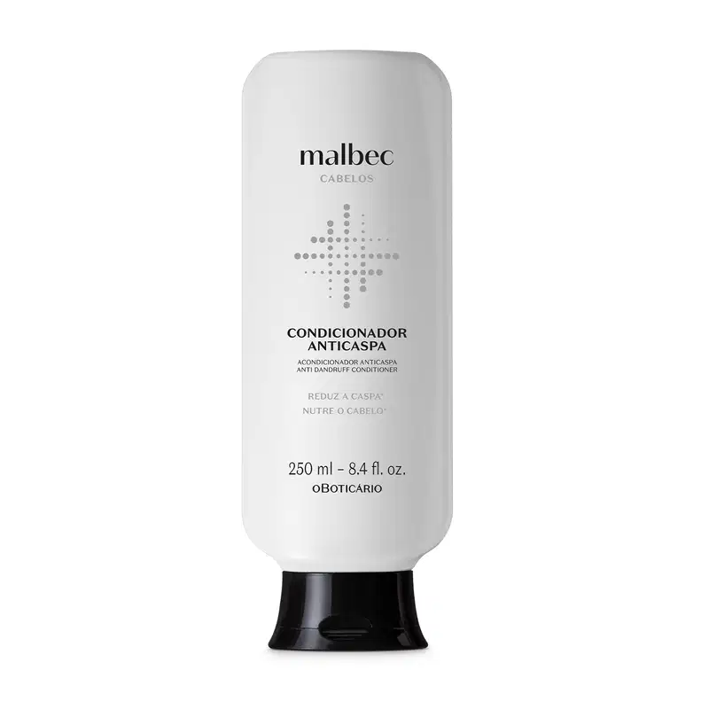Imagem de um frasco branco com tampa preta e rótulo com letras pretas da marca Malbec  para cabelos, contendo condicionador anticaspa, com informações sobre o produto e volume de 250 ml.
