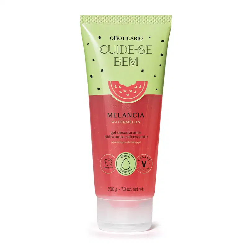 Bisnaga verde e vermelha com pontinhos pretos e ilustração de melancia contendo 200g de gel hidratante refrescante Cuide-se Bem Melancia.