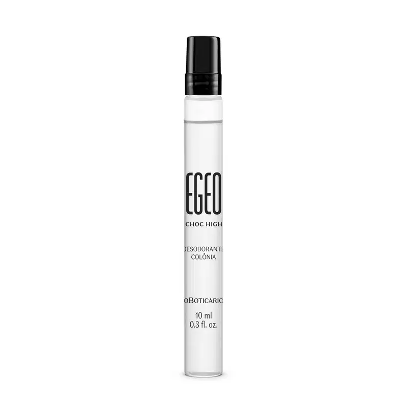 Vidro transparente em formato cilíndrico com tampa preta e letras pretas contendo 10ml de desodorante colônia Egeo Choc High.