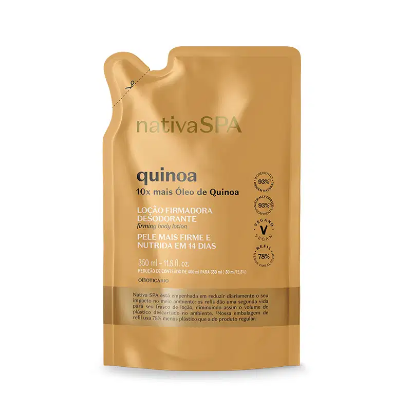 Imagem da embalagem refiil de loção corporal da marca Nativa SPA Quinoa, com sachê de plástico flexível na cor dourada, rótulo com texto e informações sobre o produto em letras brancas e pretas. O produto contém 350ml.
