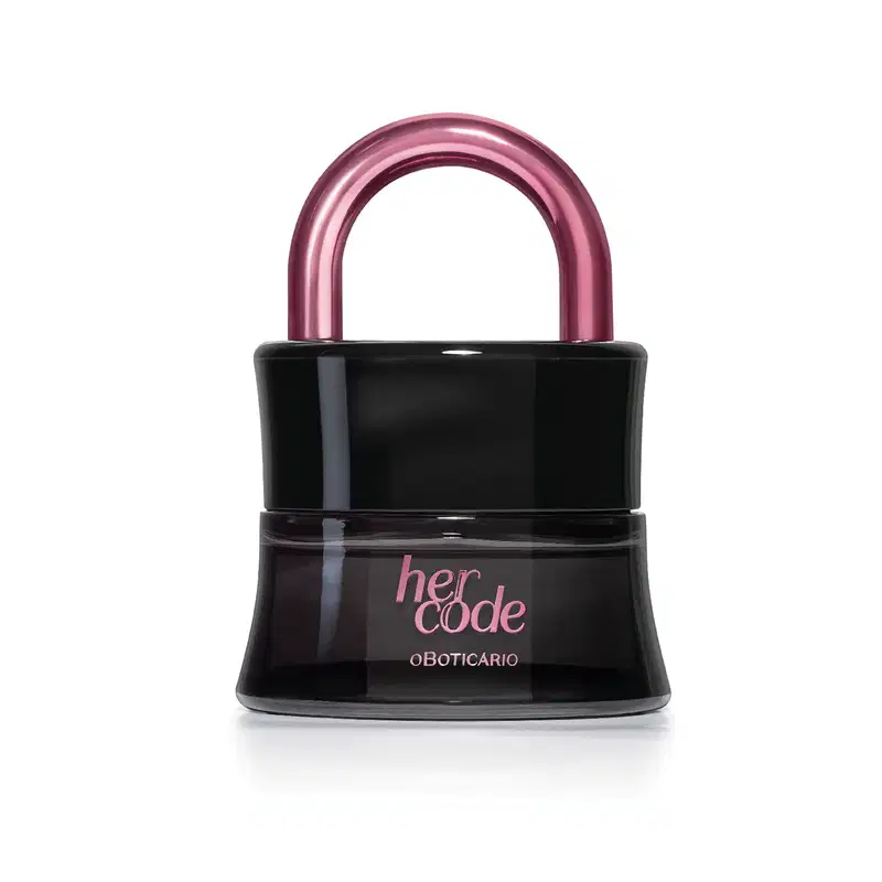Vidro preto em formato de cadeado com arco e letras na cor rosa metalizado contendo 50ml de Eau de Parfum Her Code Touch.