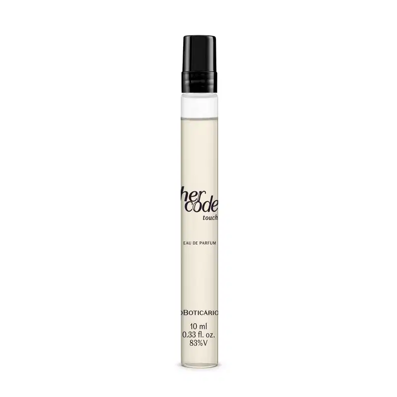 Frasco cilíndrico transparente com líquido claro, tampa preta e letras pretas contendo 10ml de Eau de Parfum Her Code Touch.
