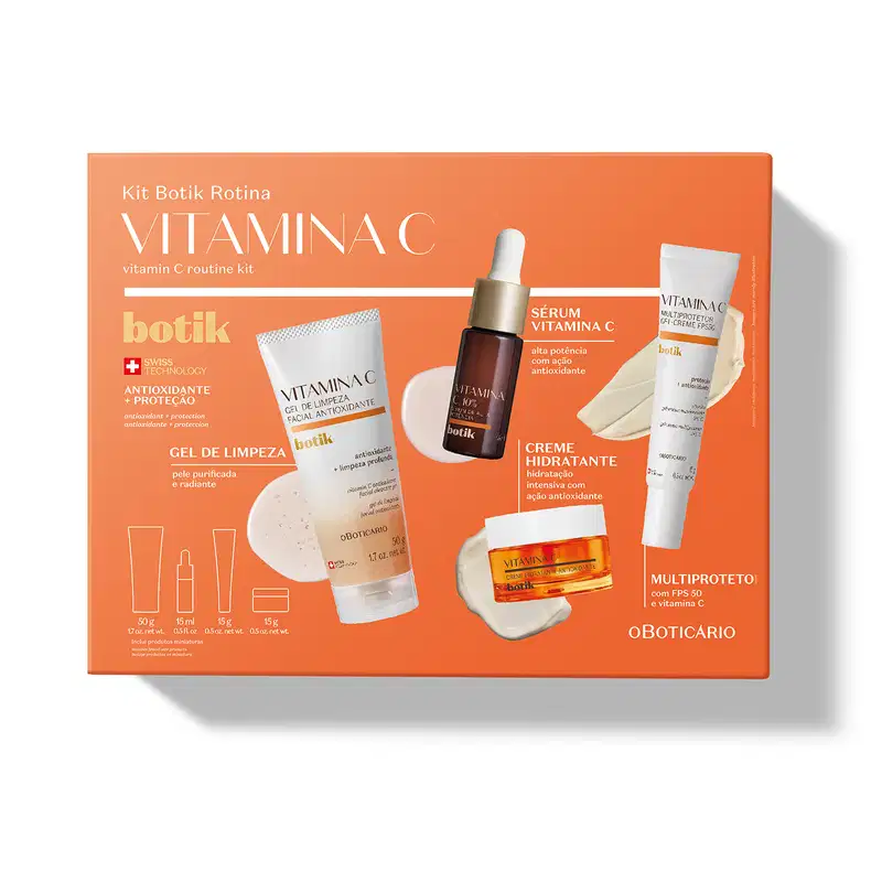 Kit de rotina da marca Botik Vitamina C contendo gel de limpeza, sérum, creme hidratante e protetor solar com FPS 50. A embalagem é laranja e branca, com informações sobre os benefícios dos produtos.